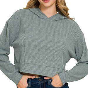 Zenana Drop Shoulder Ribbed Crop Hoodie
